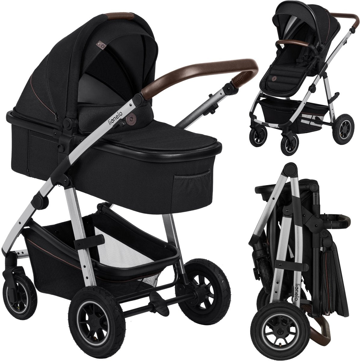 Poussette combinée Lionelo amber 2 en 1 avec nacelle - de la naissance à 22 kg - pneumatiques, suspension complète, siège réversible - accessoires : sac à langer, moustiquaire, habillage pluie, matelas à langer