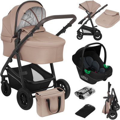 Poussette Lionelo bianka 3 en 1 - lit parapluie + poussette + siège auto - gros pneus, suspension complète - pliable - barre de poussée réglable - siège réversible buggy - 0-22kg - set d'accessoires - beige marron