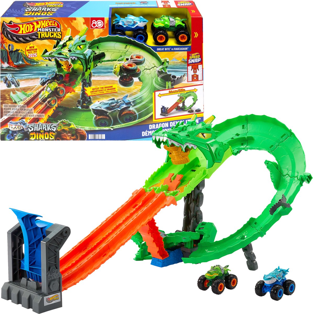 Ensemble de lancement Hot Wheels Monster Trucks Sharks vs Dinos