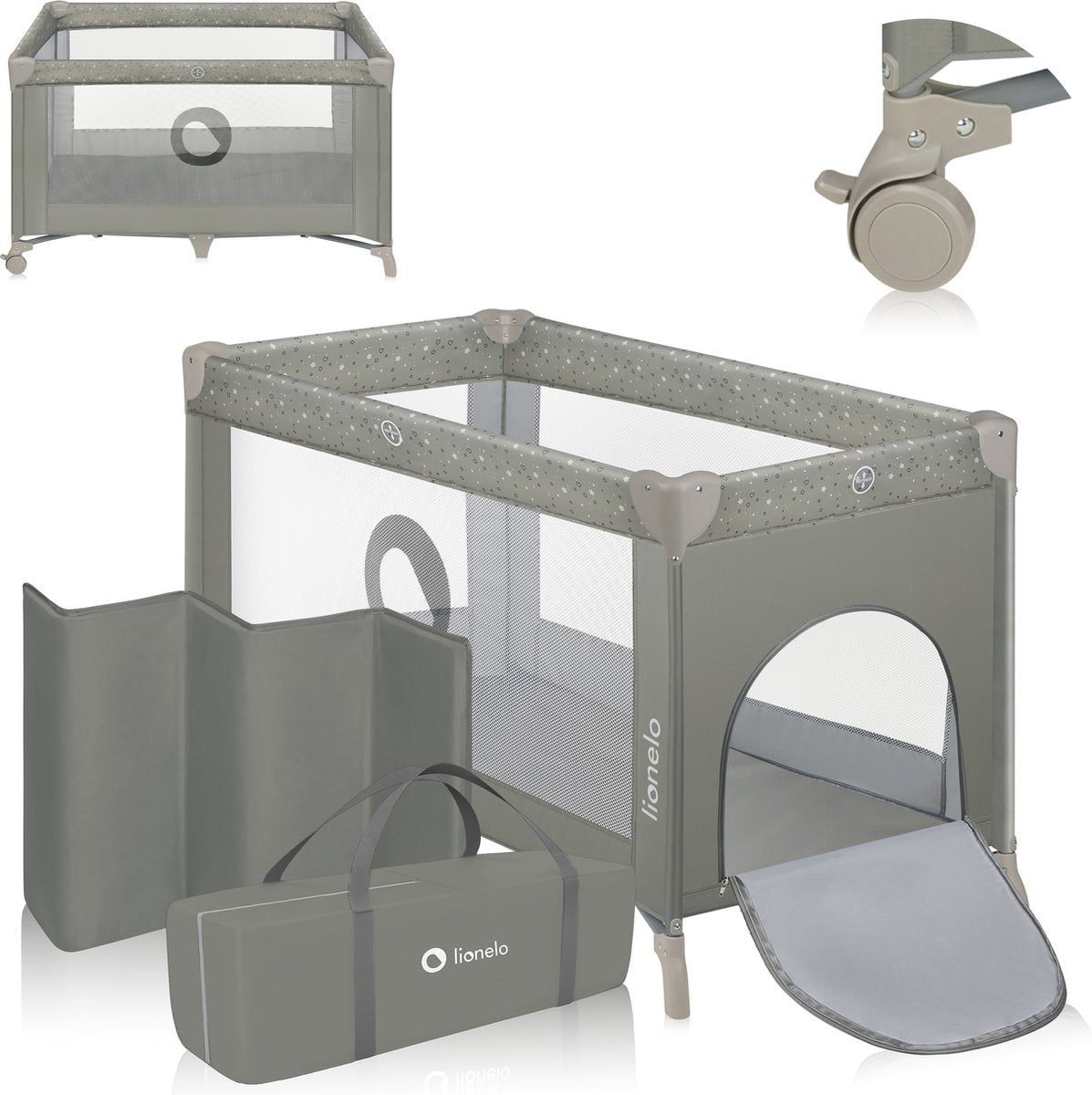 Lit de camping Lionelo 3 en 1 - lit bébé parc pliant lit de voyage - 60x120 cm - 0-36 mois jusqu'à 15 kg - avec matelas confort - entrée latérale avec fermeture éclair - roulettes - sac de transport - lit bébé stefi berceau bébé