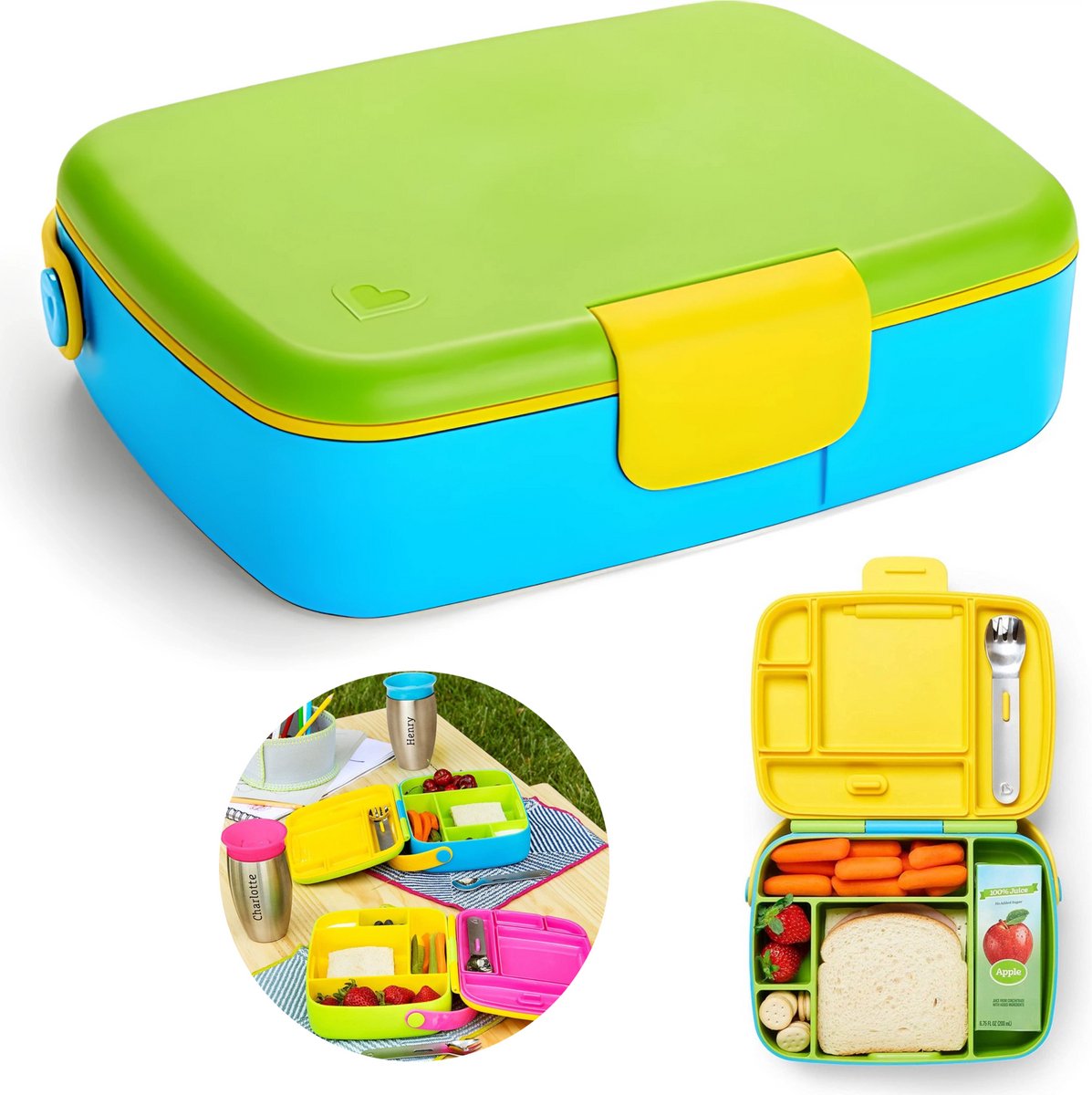 Munchkin - boîte à lunch bento - boîte à lunch - boîte à lunch pour enfants - avec couverts en acier inoxydable - passe au lave-vaisselle - à partir de 18 mois - vert bleu