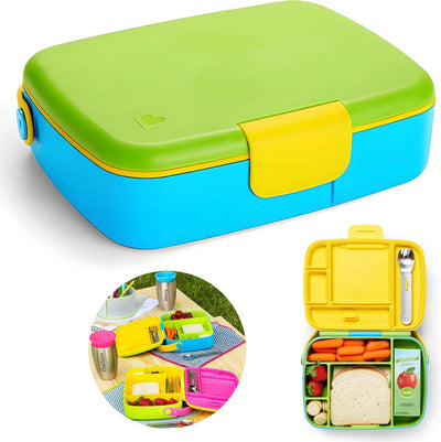 Munchkin - boîte à lunch bento - boîte à lunch - boîte à lunch pour enfants - avec couverts en acier inoxydable - passe au lave-vaisselle - à partir de 18 mois - vert bleu