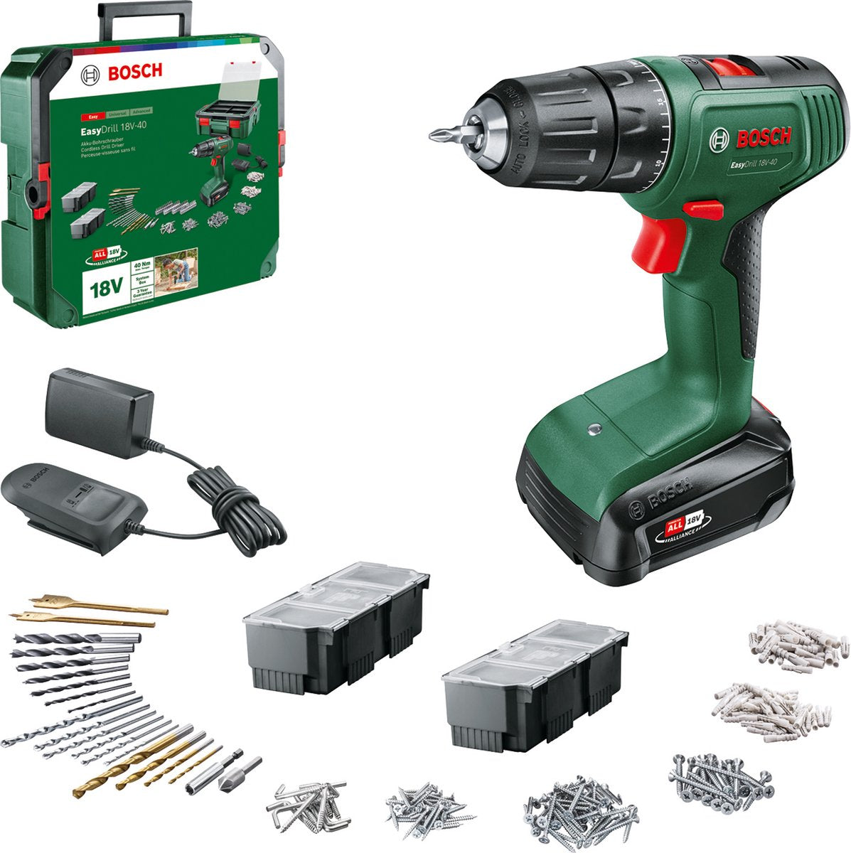 Bosch easydrill 18v-40 - perceuse/visseuse sans fil - avec 1x batterie 18v (1,5 ah) - chargeur - jeu d'accessoires 241 pièces
