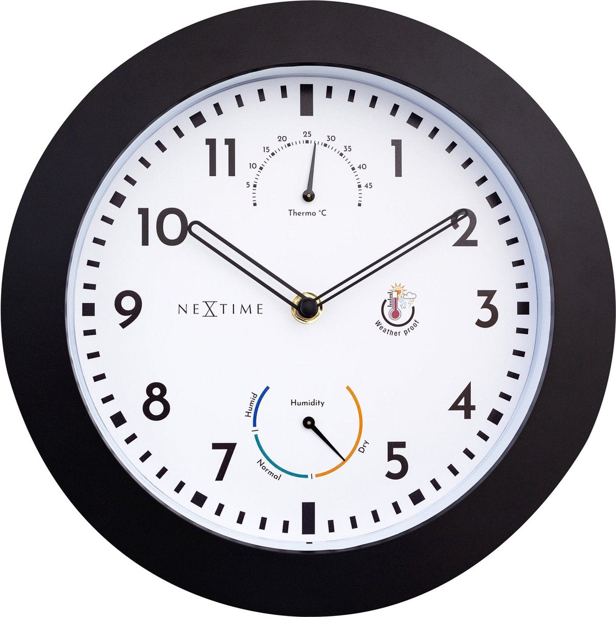 Nextime Daisy – Horloge murale station météo – 25,5 cm – métal – noir et blanc – résistante aux intempéries
