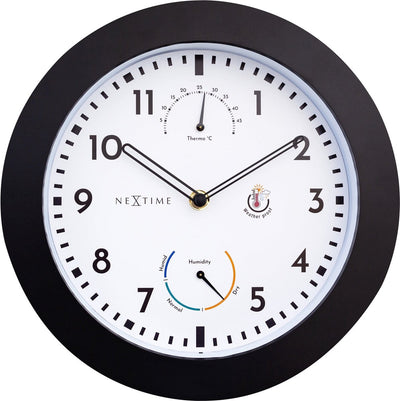 Nextime Daisy – Horloge murale station météo – 25,5 cm – métal – noir et blanc – résistante aux intempéries