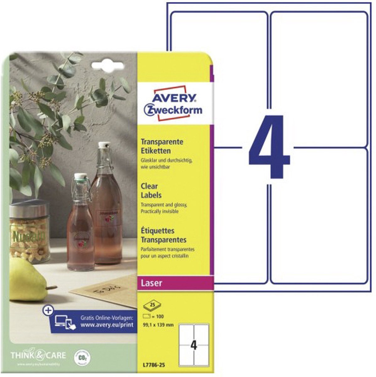 Avery zweckform étiquette laser avery 99 - 1x139mm transparent 25 feuilles 4 étiquettes par feuille