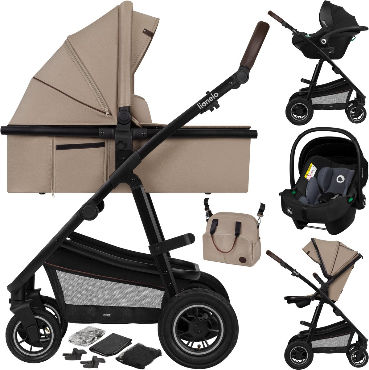 Poussette Lionelo Amber 3 en 1 - lit parapluie + poussette + siège auto - pneumatiques, suspension complète - matelas bébé confortable - pliable rapidement - sac à langer - habillage pluie - moustiquaire - de la naissance à 4 ans (0-22 kg)