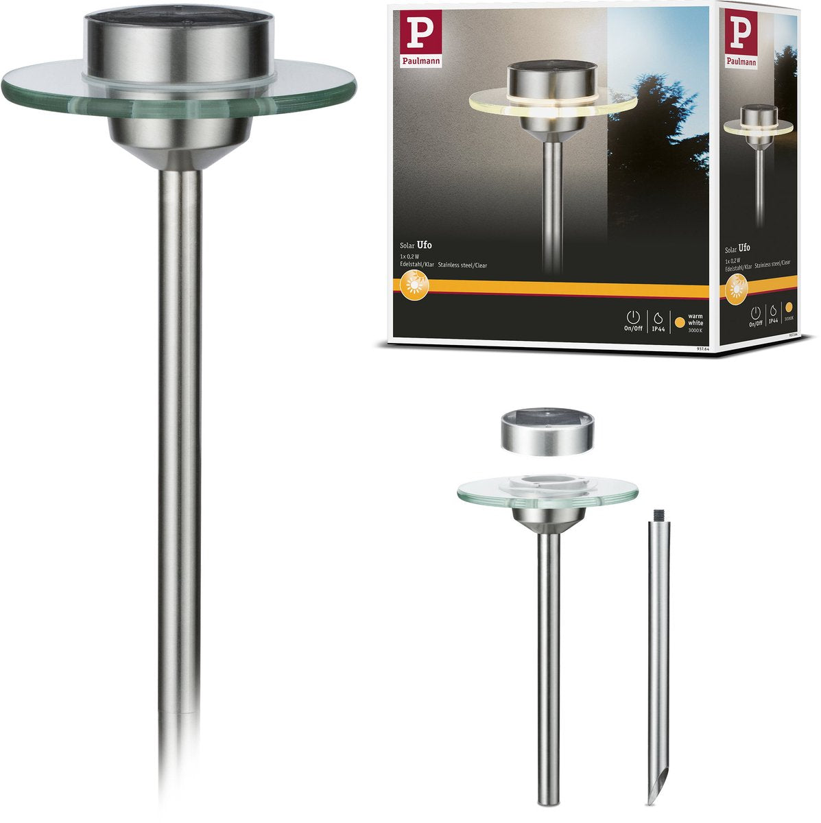 Spots de jardin solaires LED Paulmann UFO IP44 3000K acier inoxydable, transparent