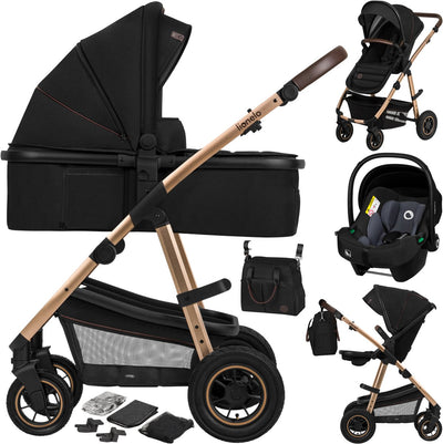 Poussette Lionelo Amber 3 en 1 - lit parapluie + poussette + siège auto - pneumatiques, suspension complète - matelas bébé confortable - pliable rapidement - sac à langer - habillage pluie - moustiquaire - de la naissance à 4 ans (0-22 kg)