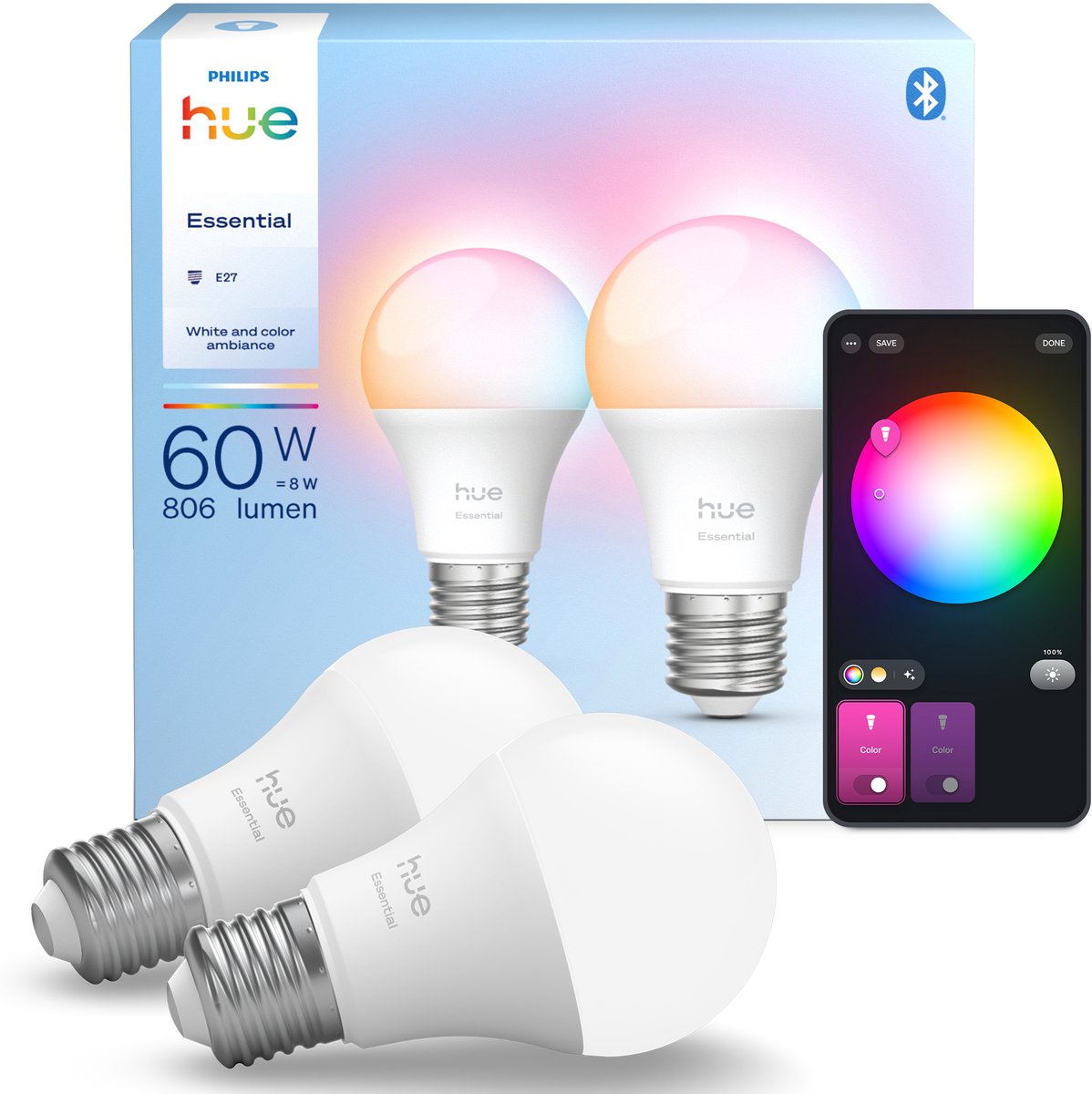Lampe Philips hue essential smart a60 - lumière blanche et colorée - pack de 2