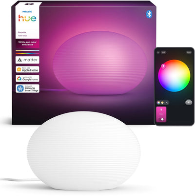 Lampe de table Philips Hue Flourish - abat-jour en verre blanc - lumière blanche et colorée réglable - ampoule LED intelligente incluse - 1100 lumens - contrôle via notre application ou avec votre voix - compatible avec la matière