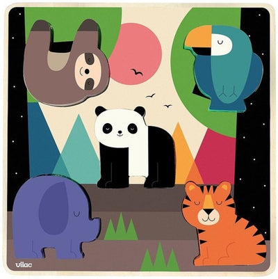 Vilac puzzle incrustation en bois encastrement sonore 5 pcs | jungle*