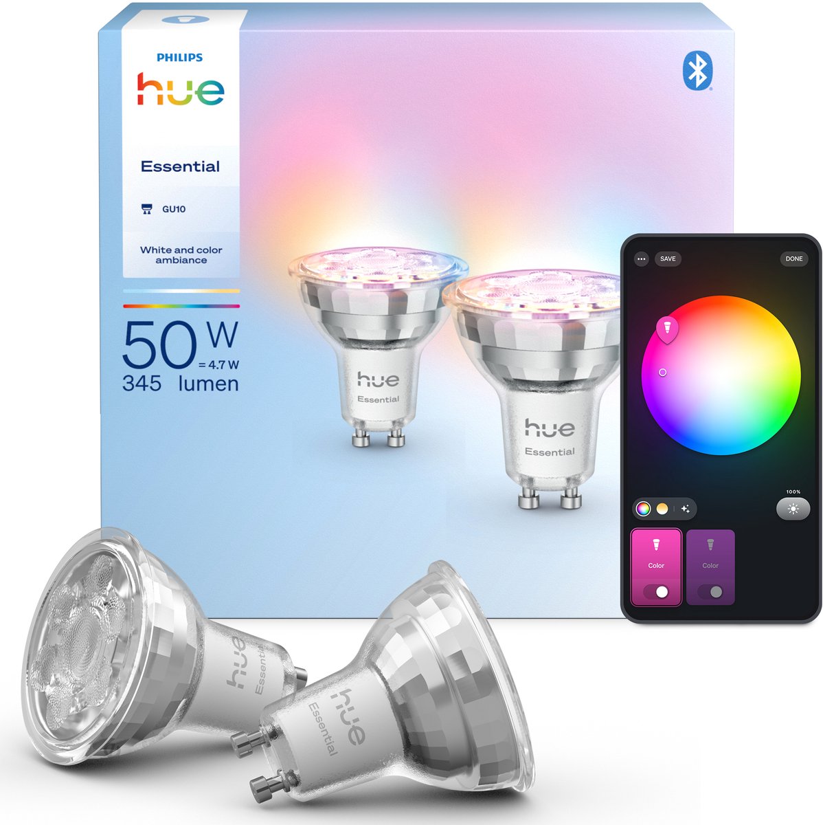 Spot intelligent LED Gu10 Philips Hue Essential - lumière blanche et colorée - pack de 2