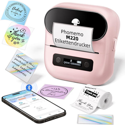 Phomemo m220 - imprimante d'étiquettes Bluetooth - étiqueteuse thermique - imprimante portable - 203 dpi - pour codes-barres, étiquettes d'adresse et étiquettes professionnelles - rose