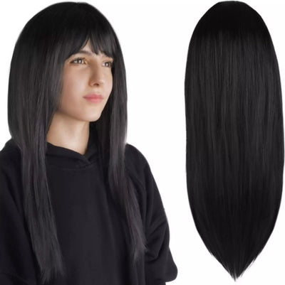 Perruque Soulima longue noire, perruque longue et dense pour femme avec bordure, style carnaval noir, perruque noire