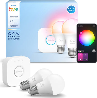 Kit de démarrage Philips hue essential - lumière blanche et colorée - 1 pont - 2 lampes a60