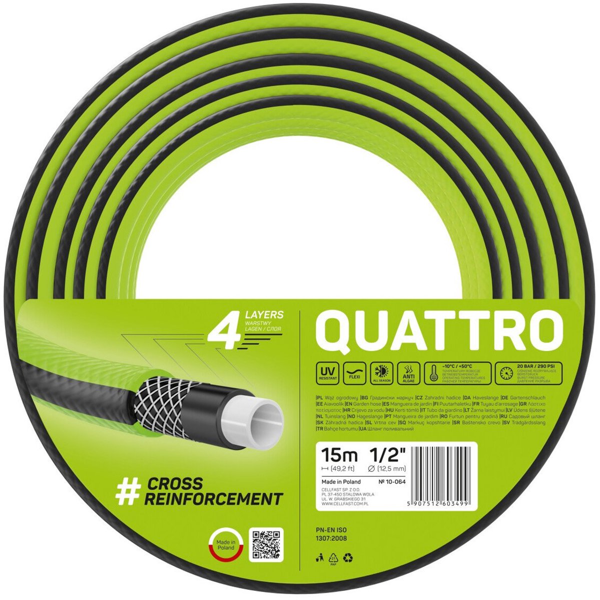 Cellfast quattro - tuyau d'arrosage 1 2 Tuyau d'arrosage tressé 4 couches de 15 m