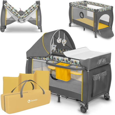 Lit de camping évolutif Lionelo sven plus 2en1 - 127x60 cm - jusqu'à 15 kg - cododo - lit de voyage avec table à langer, organiseur, moustiquaire et jouets interactifs