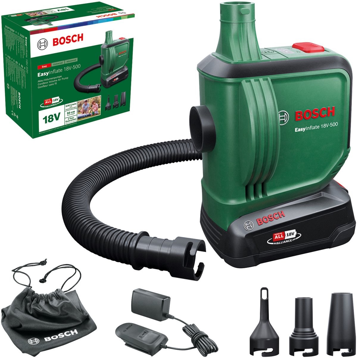 Bosch easyinflate 18v-500 - pompe à air sur batterie - incl. 1x batterie 18v 2,0 ah - chargeur - 3 buses - tuyau 50cm - sac de rangement