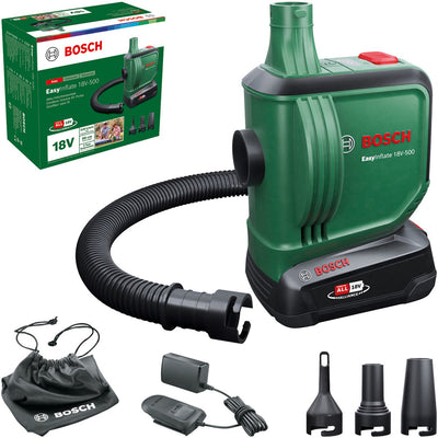 Bosch easyinflate 18v-500 - pompe à air sur batterie - incl. 1x batterie 18v 2,0 ah - chargeur - 3 buses - tuyau 50cm - sac de rangement
