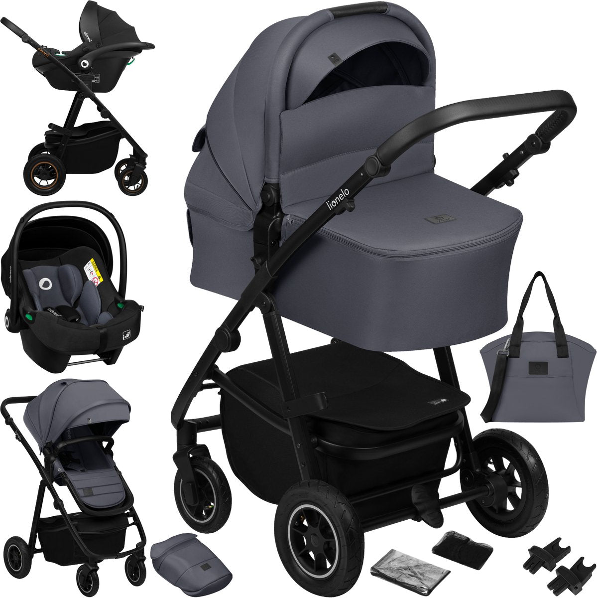 Poussette 3 en 1 Lionelo Amber Plus - nacelle, siège auto poussette - ventilation XXL - roues tout terrain - UPF50+ - adaptateurs universels - tissus premium - de la naissance à 4 ans