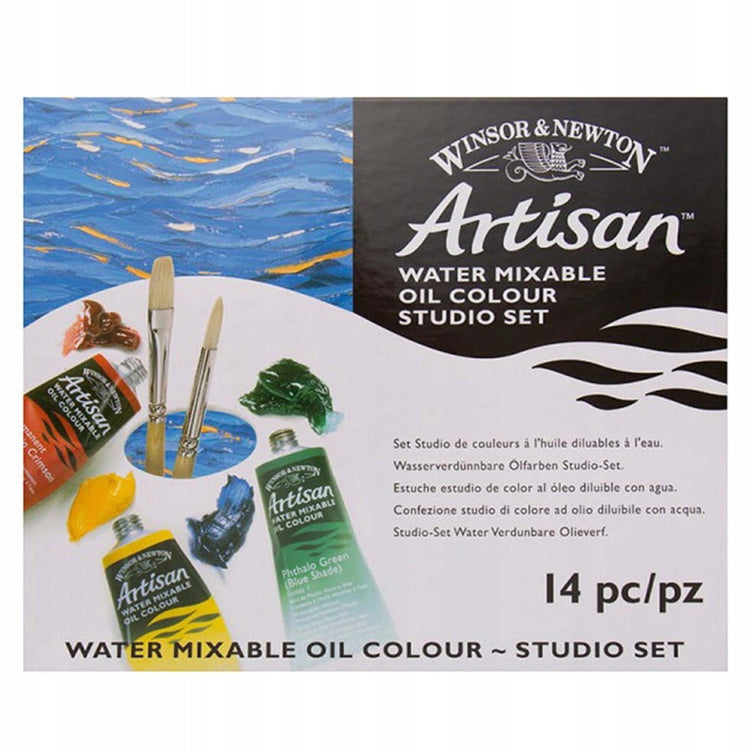 Winsor Newton 1590268 huile artisanale miscible à l'eau - coffret studio 10x37ml + pinceaux moyens