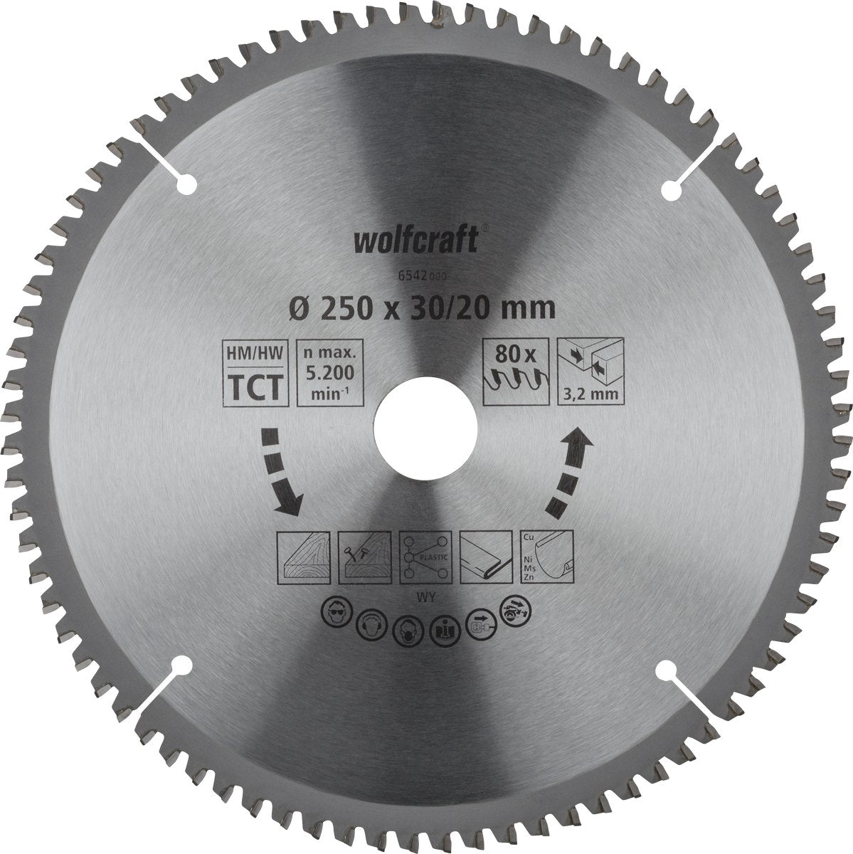Wolfcraft - lame de scie 250 x 30 mm - 80 dents - scie à tronçonner - scie à onglet - 6542000