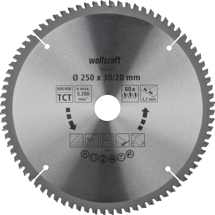 Wolfcraft - lame de scie 250 x 30 mm - 80 dents - scie à tronçonner - scie à onglet - 6542000