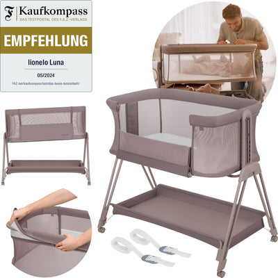Lionelo luna – Lit bébé cododo 2 en 1 – naissance jusqu'à 9 kg – 7 positions de hauteur – matelas inclinable – côtés en filet – roulettes avec blocs – housse lavable – panier de rangement inclus