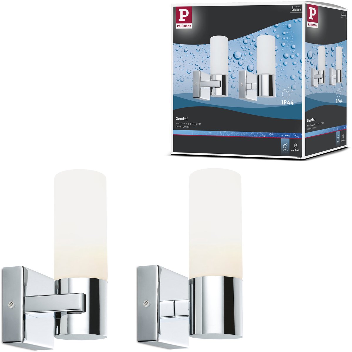 Lampe de miroir LED Paulmann Gemini IP44 E14 230V max. 2x20W dimmable chrome satiné