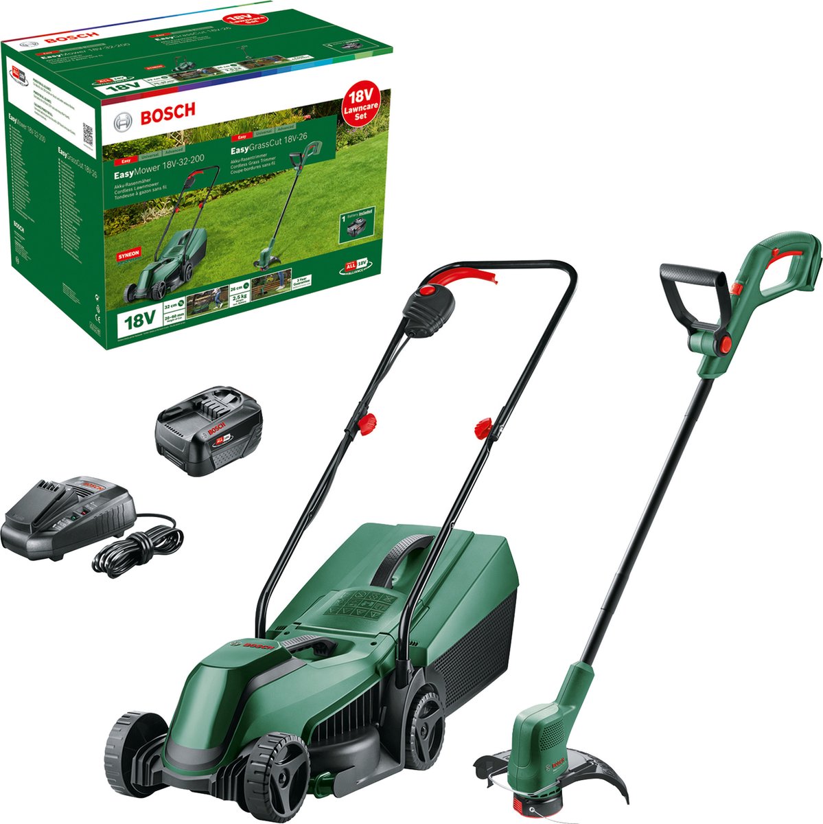 Équipement de jardin Bosch - Ensemble tondeuse à gazon et coupe-herbe à batterie 18 V, 1 batterie Li-ion 4,0 Ah, chargeur 06008b9d02