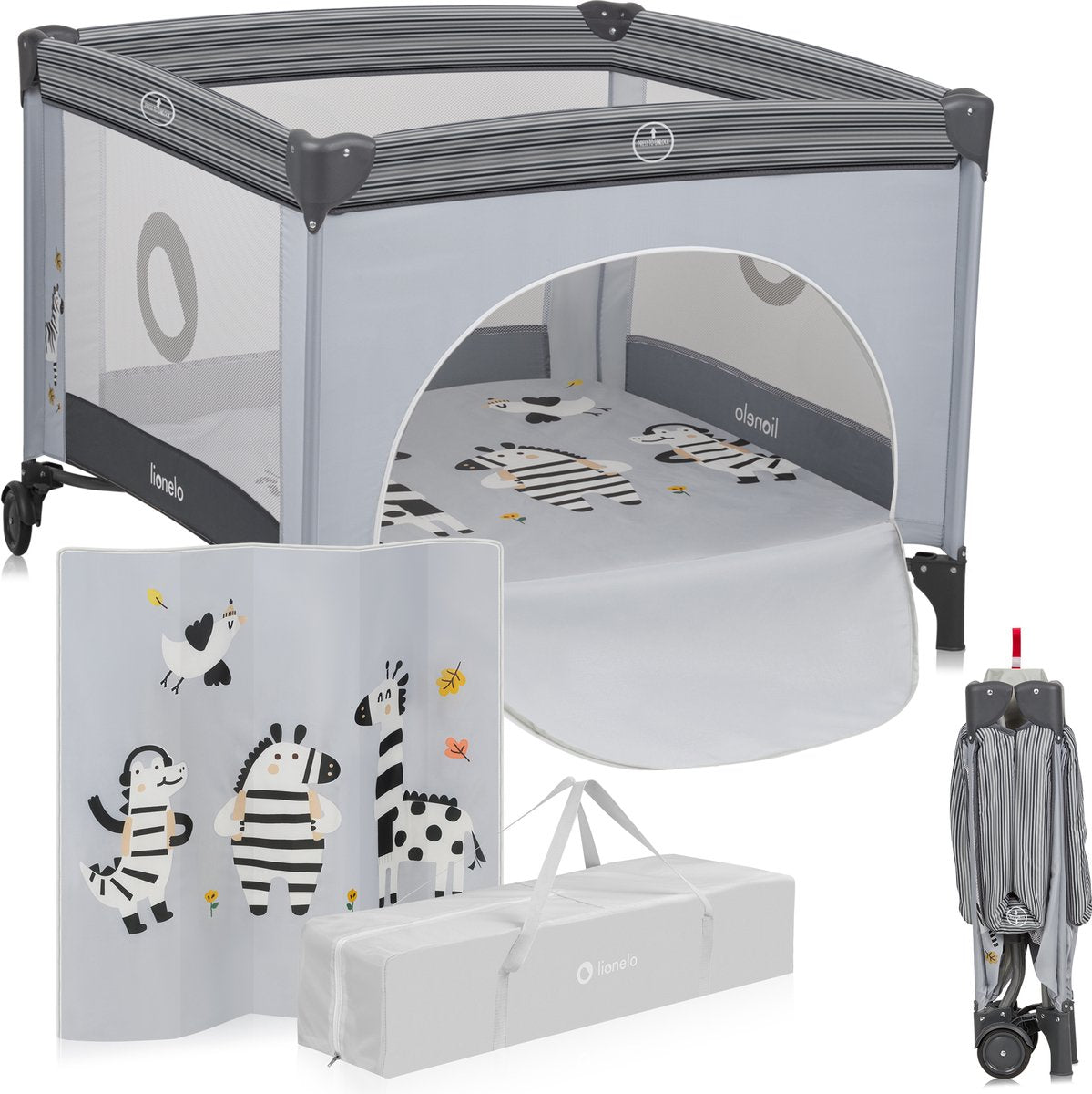Parc Lionelo Bonnie - lit bébé - jusqu'à 15 kg - parois latérales en maille aérée - aire de jeu spacieuse - système de pliage et pliage rapide - sac de transport fourni
