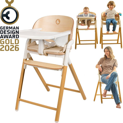 Chaise haute en bois 3 en 1 Lionelo Celia - du bébé à l'adulte - repose-pieds réglable - ceinture 5 points - revêtement en éco-cuir - avec plateau d'alimentation pour bébé - capacité de charge jusqu'à 110 kg