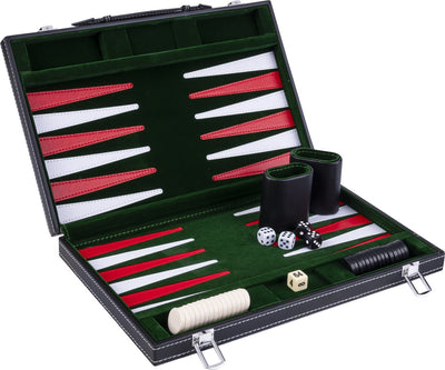 Backgammon Longfield 15 pouces - plateau cousu vert, rouge et blanc - étui en cuir artificiel avec poignée - coeur d'ange