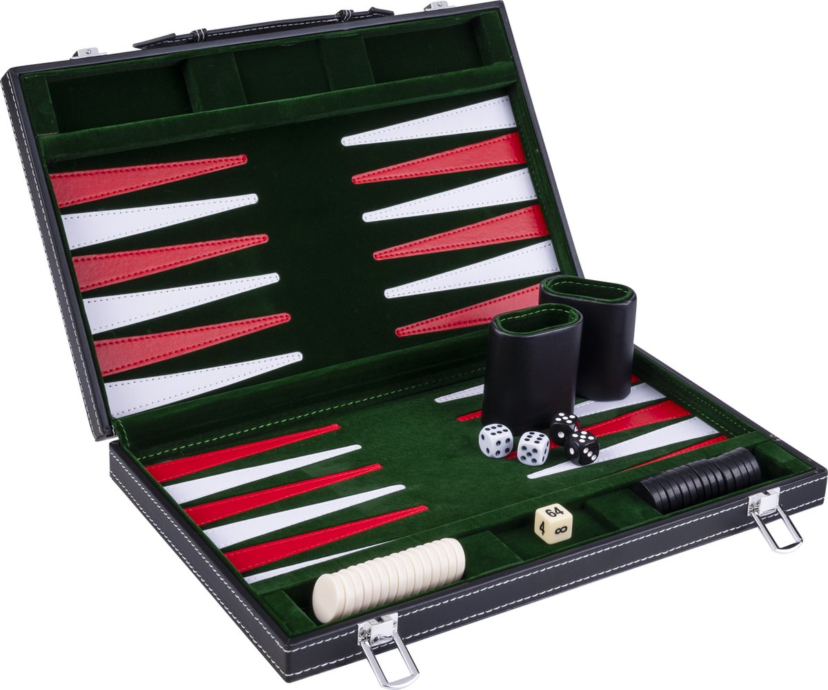 Backgammon Longfield 15 pouces - plateau cousu vert, rouge et blanc - étui en cuir artificiel avec poignée - coeur d'ange