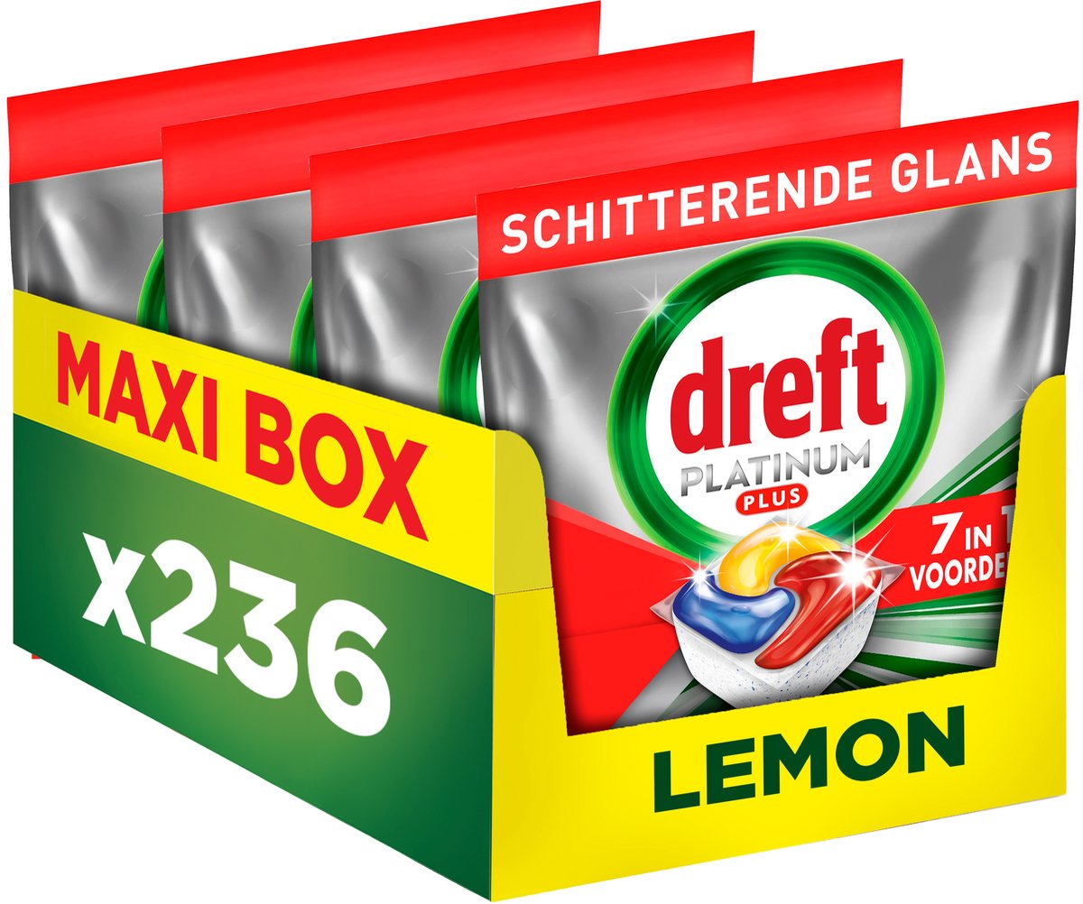 Tablettes pour lave-vaisselle Dreft Platinum Plus Lemon - Technologie anti-terne - 4 x 59 pièces
