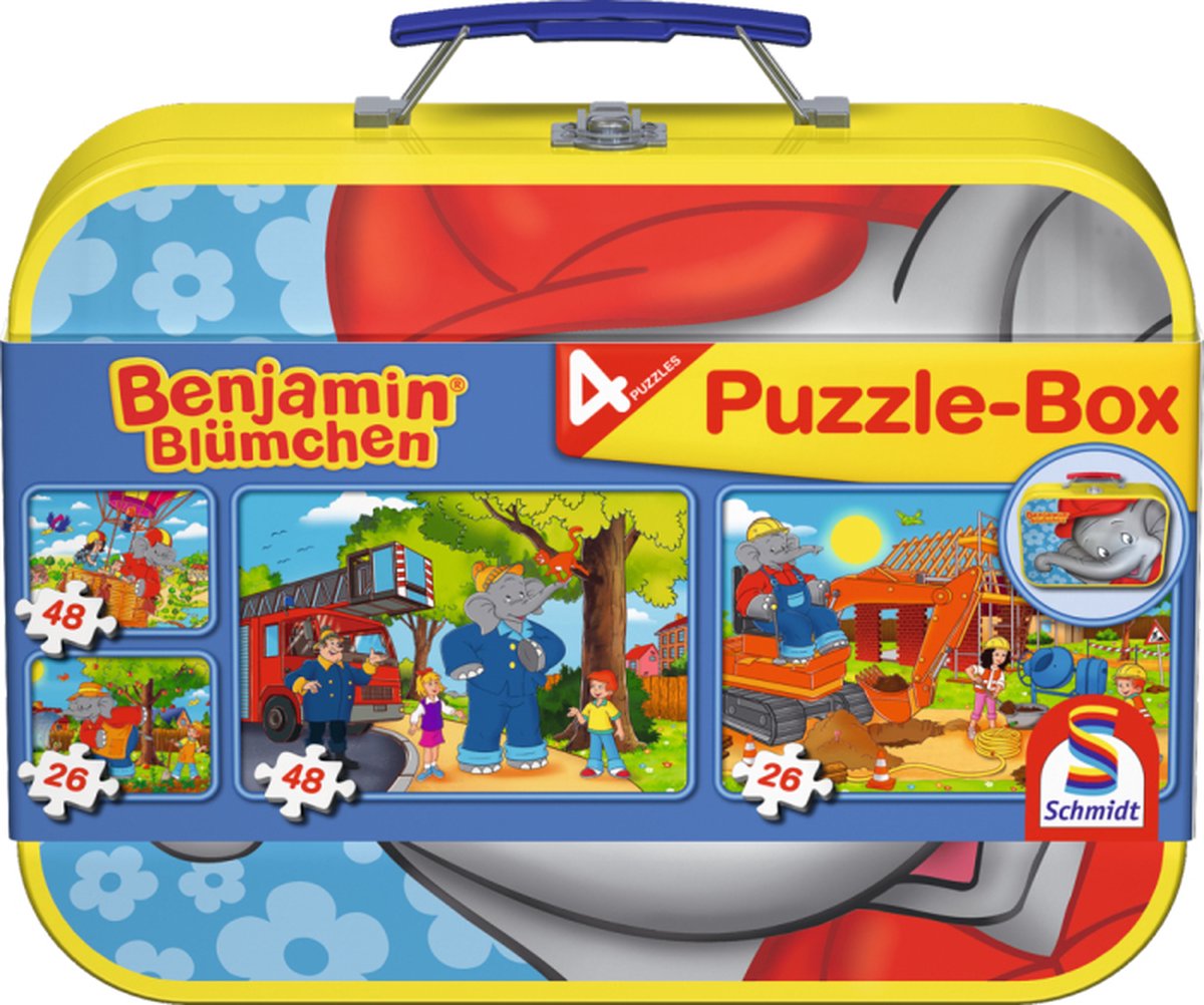 Schmidt - puzzle - benjamin blümchen, boîte à puzzle, 2x26, 2x48 pièces - pièces dans un coffret métallique - enfants - à partir de 4 ans