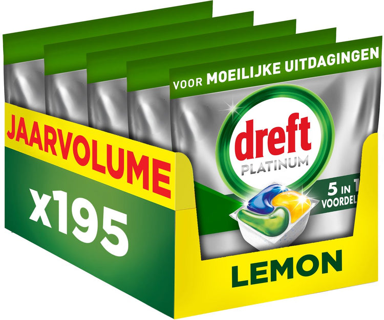 Capsules pour lave-vaisselle Dreft Platinum citron - défis difficiles - filtre à graisse - 5 x 39 pièces