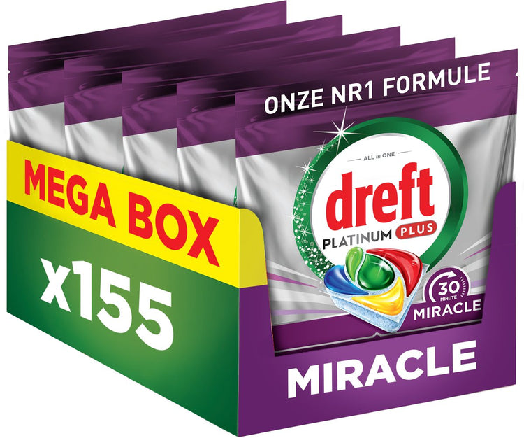 Dreft Platinum Miracle All-in-One - Tablettes miracle pour lave-vaisselle 30 minutes - Citron - 155 pièces