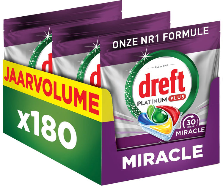 Dreft Platinum Miracle All-in-One - Tablettes miracle pour lave-vaisselle 30 minutes - Citron - 180 pièces