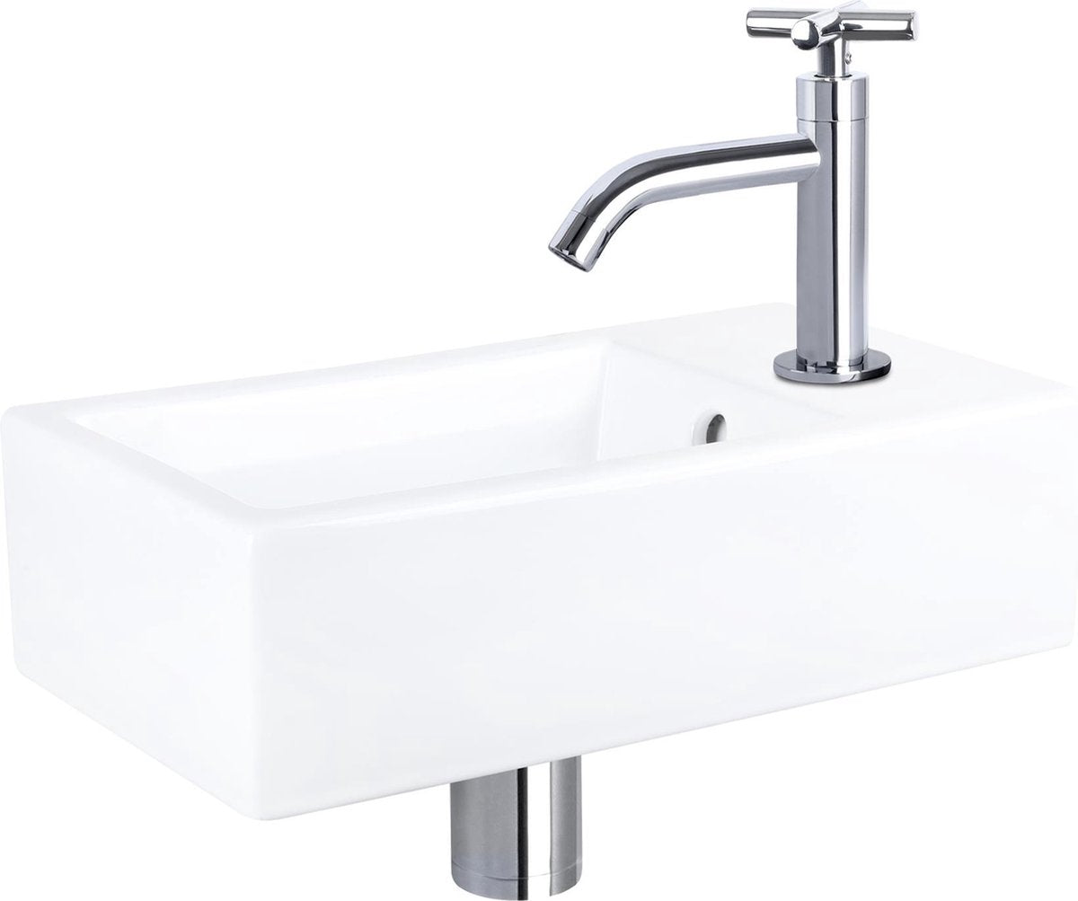 Ensemble fontaine à force Differnz - céramique - robinet croix chromé - 40 x 22 x 11,5 cm