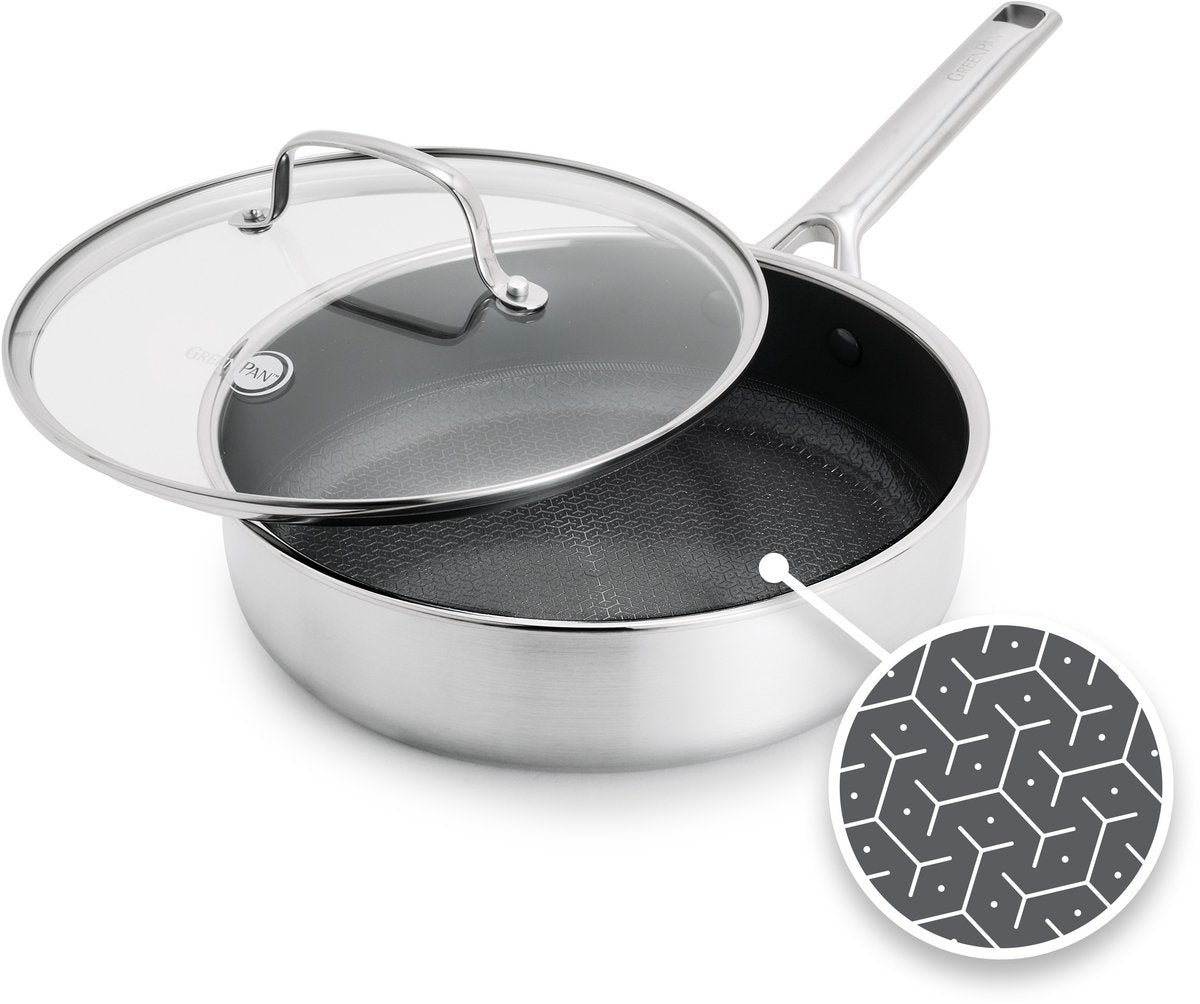 Sauteuse Greenpan apex - 24 cm - nid d'abeille - céramique - sans PFA - sauteuse induction - passe au four jusqu'à 220°c - passe au lave-vaisselle - poignées inox - inox