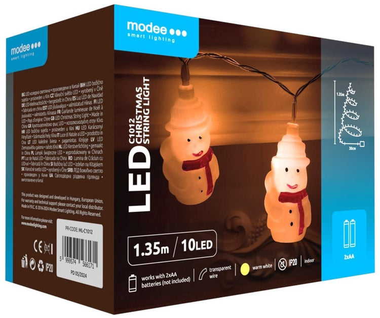 Guirlande lumineuse Modee Bonhommes de neige de Noël 1,35 mètres - Lumières de Noël pour l'intérieur - avec 2 piles AA - 10 lumières LED IP20 - 2700K - lumière blanche chaude - par pièce