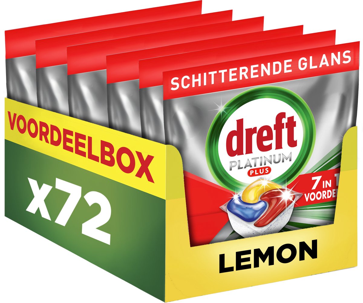 Tablettes pour lave-vaisselle tout-en-un Dreft Platinum Plus - Citron - Technologie anti-terne - 72 capsules - Boîte économique