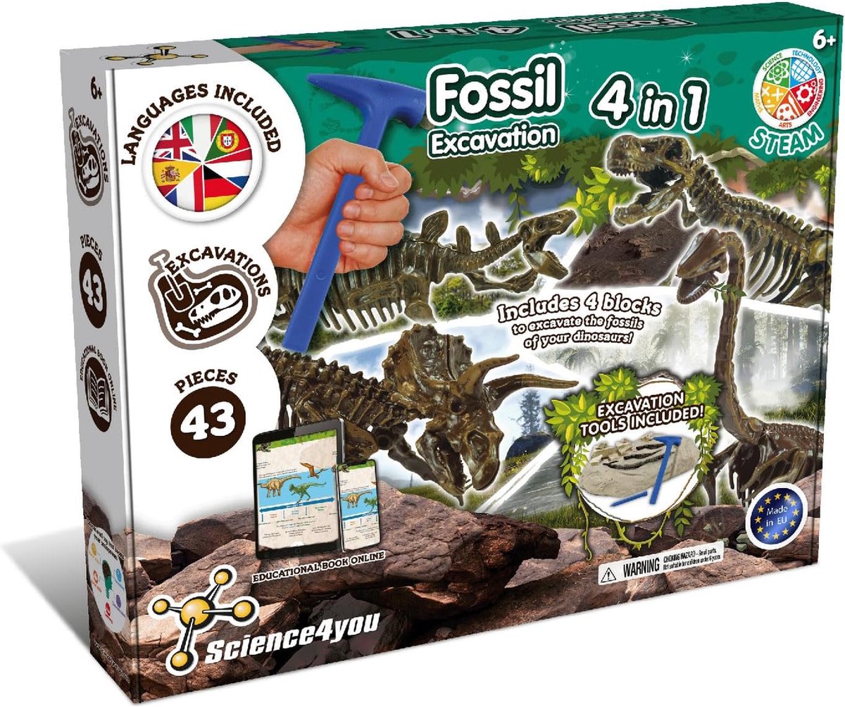 Science 4 you kit d'excavation de fossiles 4 en 1 science4you - excavation de fossiles de dinosaures - ensemble d'excavation de dinosaures - avec marteau burineur