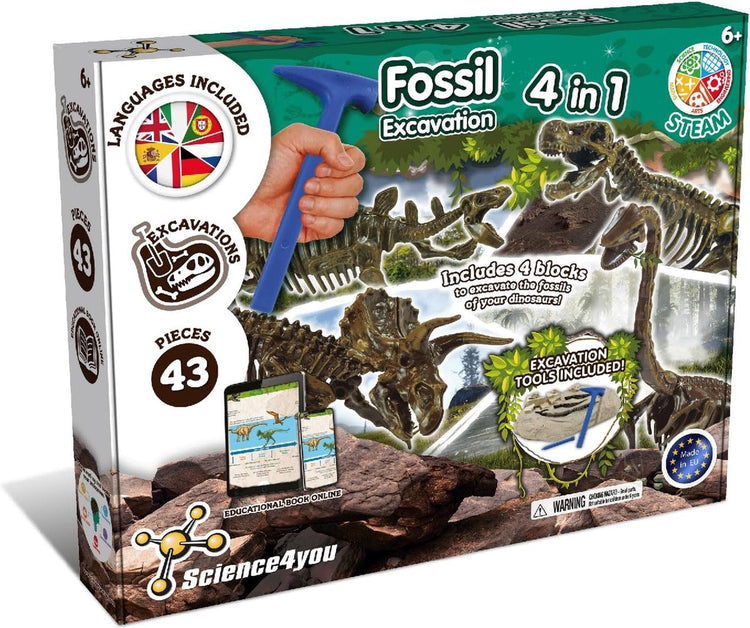 Science 4 you kit d'excavation de fossiles 4 en 1 science4you - excavation de fossiles de dinosaures - ensemble d'excavation de dinosaures - avec marteau burineur