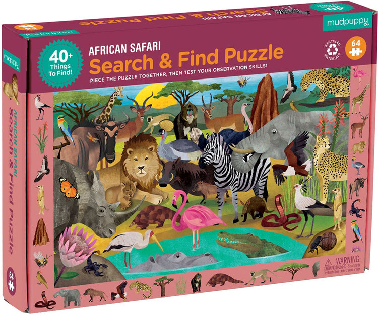 Puzzle d'objets cachés Mudpuppy - Safari africain - 59x39cm - 64 pièces - 4 ans