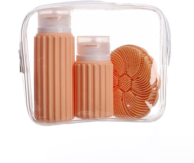 Sac de voyage Muitomas + brosse visage + 2 flacons – compact - sac transparent imperméable - flacons de voyage en silicone - duvet de pêche