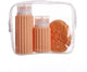 Sac de voyage Muitomas + brosse visage + 2 flacons – compact - sac transparent imperméable - flacons de voyage en silicone - duvet de pêche