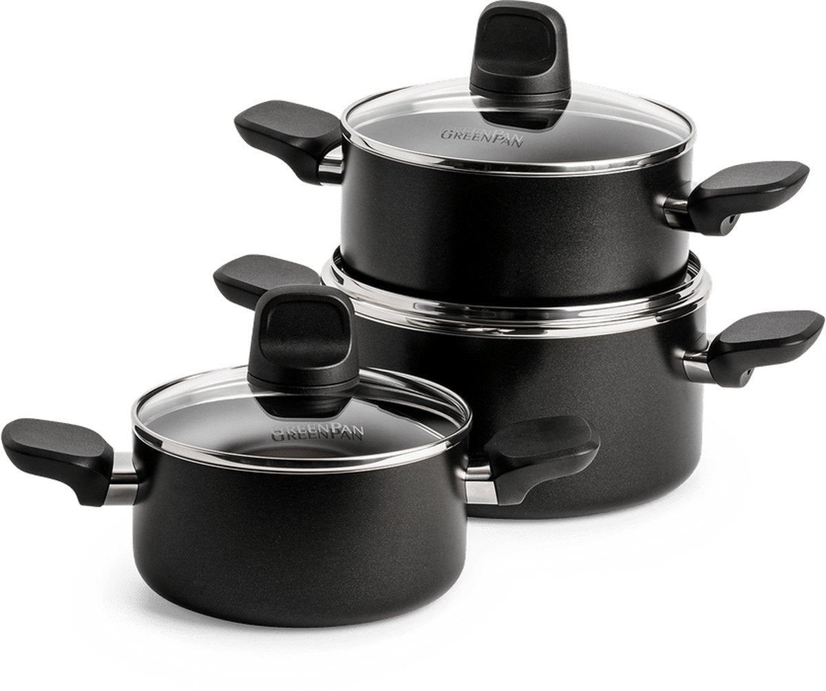 Greenpan Memphis set de poêles 6 pièces - 16 18 20 cm - 1,6 2,1 3,1 l - revêtement antiadhésif sans PFA - set de poêles à induction - poêle en céramique - passe au four jusqu'à 160°c - poignées froides - avec couvercle en verre - noir